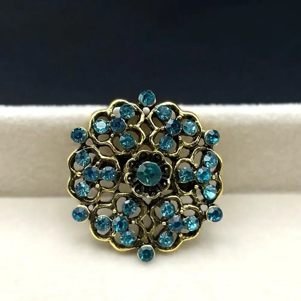 Yellow Gold with Blue Sapphire and Aquamarine Crystal Flower Pin Back Brooch